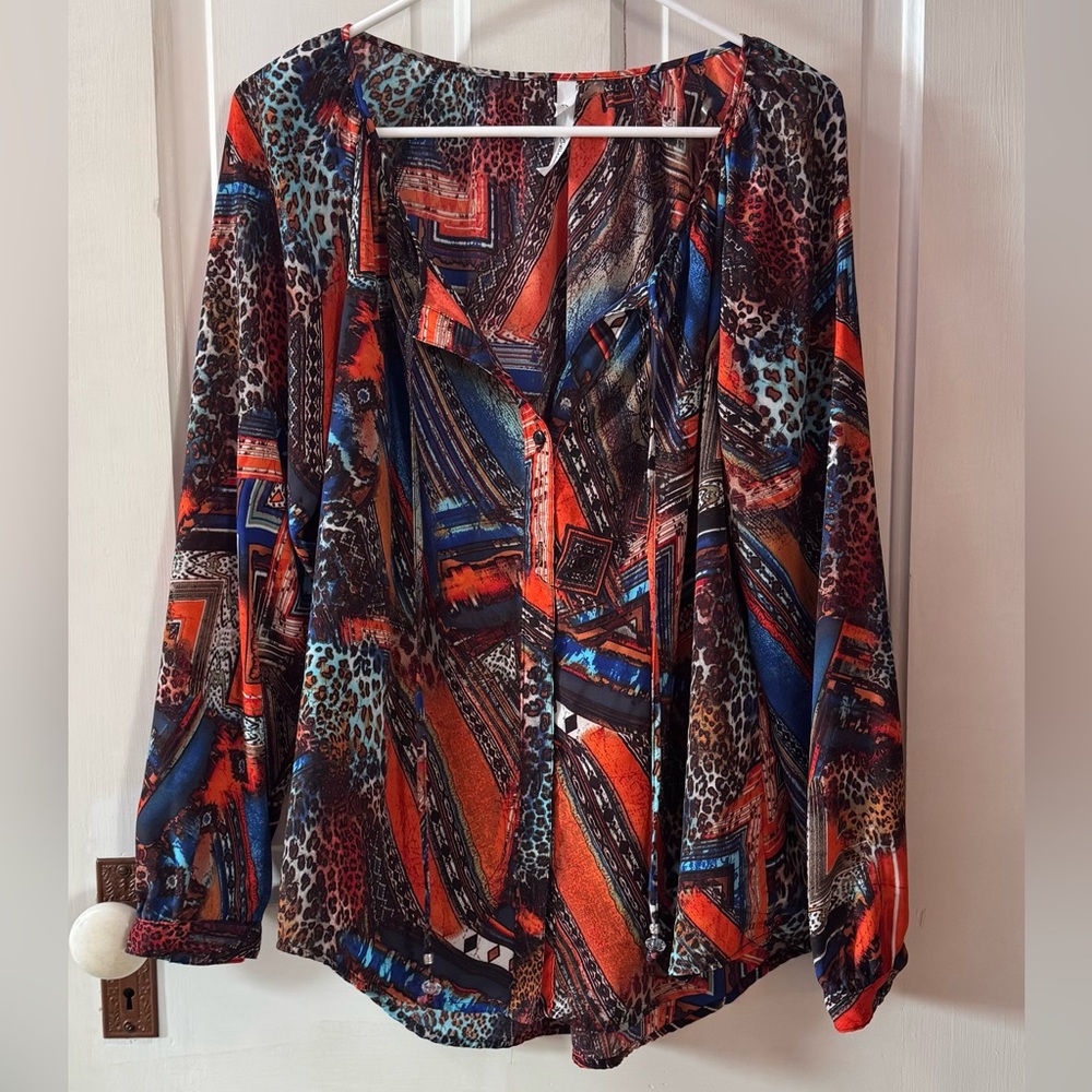 NY Collection Vibrant Red and Blue Blouse